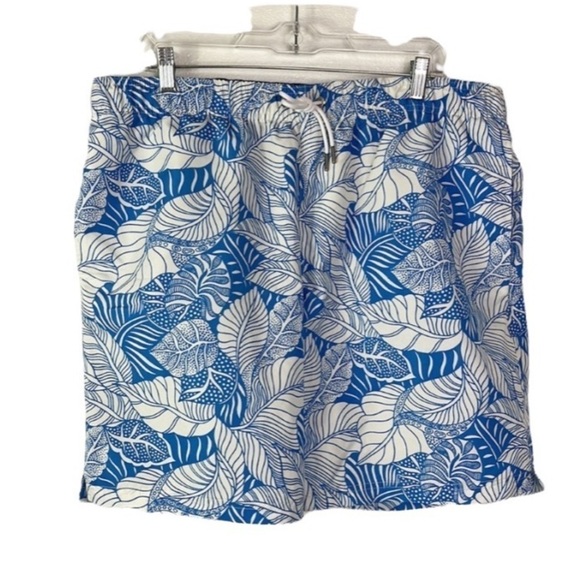 Lands' End Swim Trunks Men L Blue & White Tropical Floral Mesh Brief Inseam 8" - Picture 1 of 13
